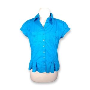 💜Body Central Top Women Blouse Button Down Spandex Collar Pockets Casual Blue-L